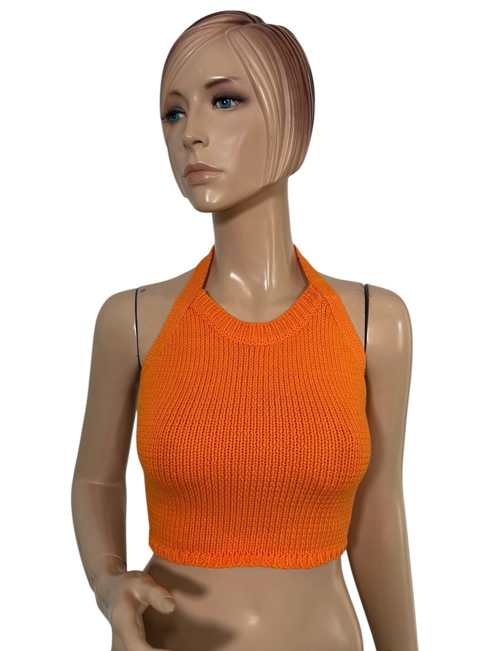 Gab & Kate Orange Knit Halter Crop Top Open Back Tie Size Medium